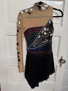 Custom Figure Skating Competition Dress – Black Nude Mirror Crystal One Sleeve